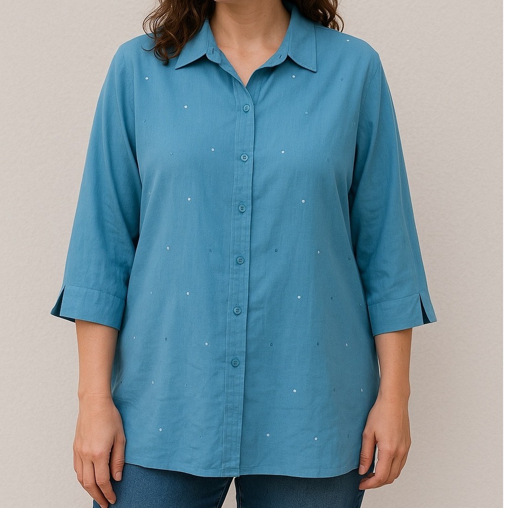 Vtg. Maggie McNaughton Linen Blend Button Down Top Embellished 3/4 Sleeve 2X